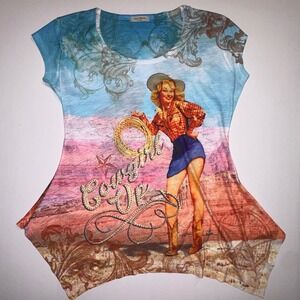 Sweet Gisele Cowgirl Up Pin Up Graphic T Shirt Women's Large